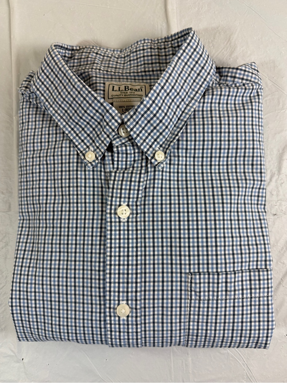 L.L. Bean Blue and White Gingham Button-Down Shirt‎